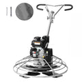 Walk-behind cement power trowel with gas engine, float pan, and multiple blades