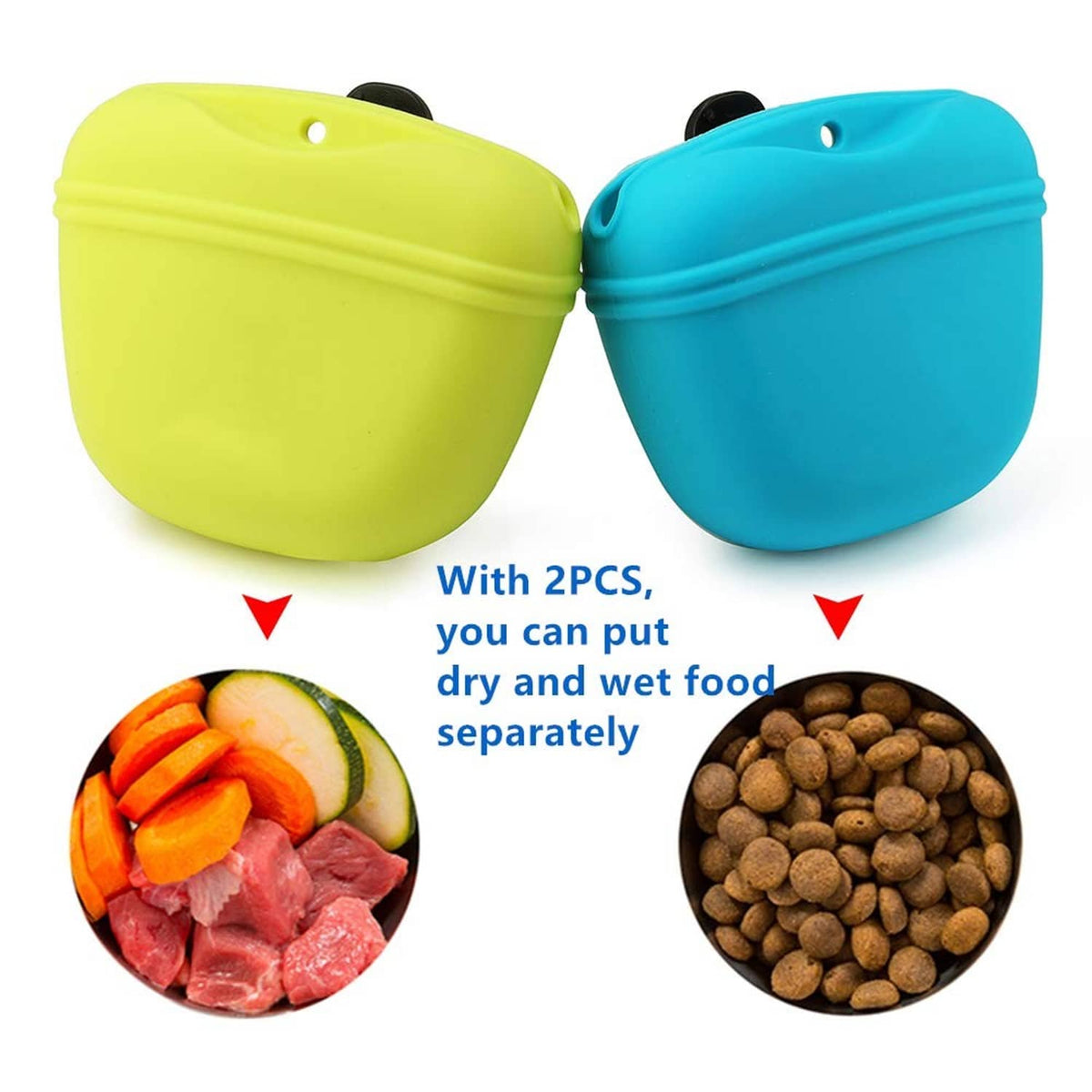 Pair of silicone dog treat pouches: lime green and blue with snap lids