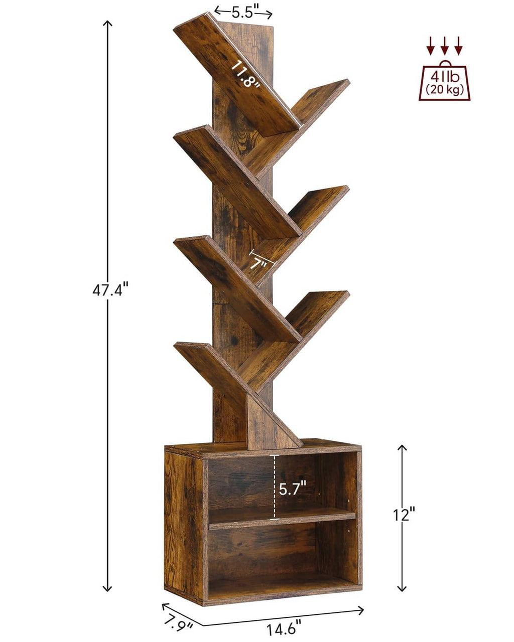 Brown 6-tier tree bookshelf shown with size diagram for height and base dimensions