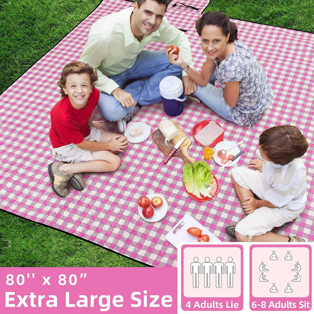 Pink and white check picnic blanket laid flat on grass with visible corners