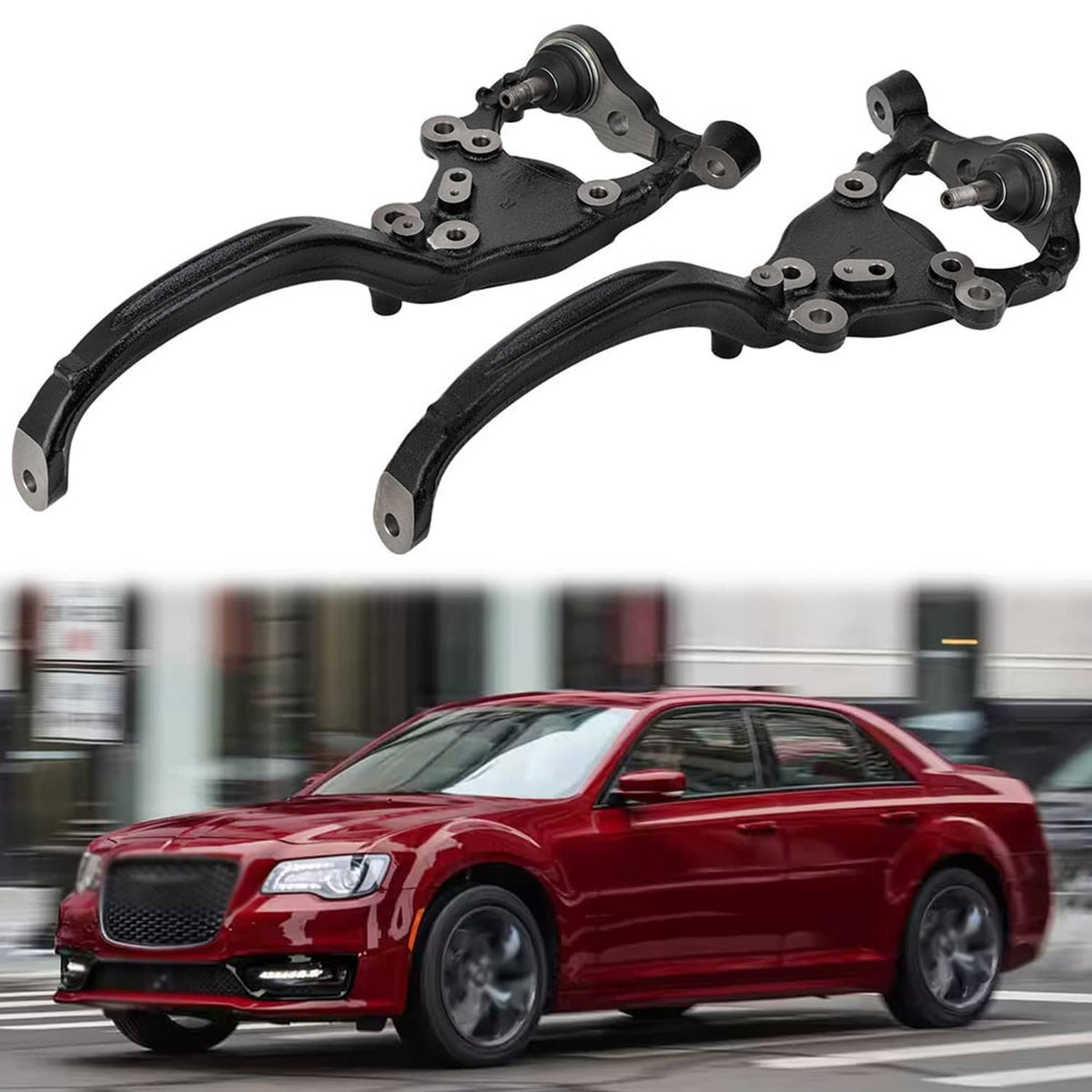 Front steering knuckle and control arm set, black steel with bushing mounts