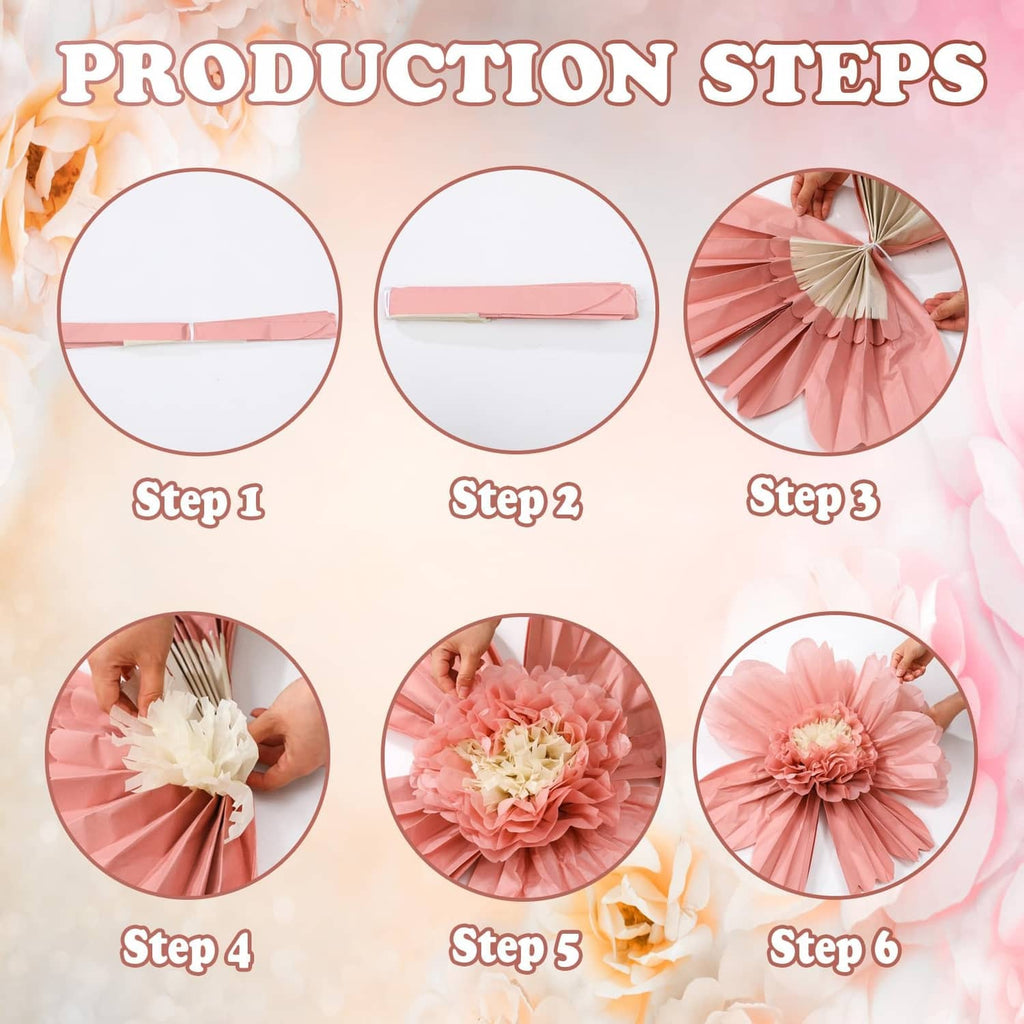 Tissue paper flower production steps diagram with six illustrated assembly panels