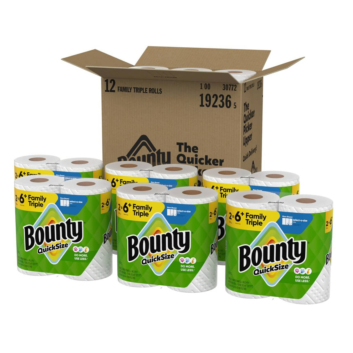 Bounty Quick-Size paper towel rolls, white, with cardboard pack and multiple cylinders
