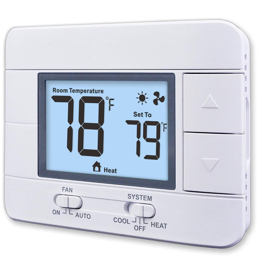 White wall thermostat with LCD showing room and set temperatures