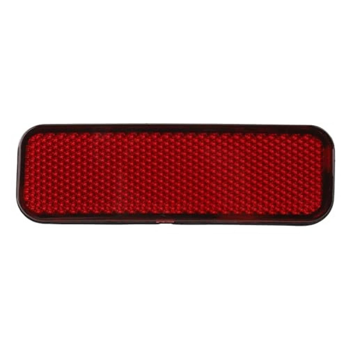 Red rectangular rear bumper reflector with honeycomb-texture lens and black trim