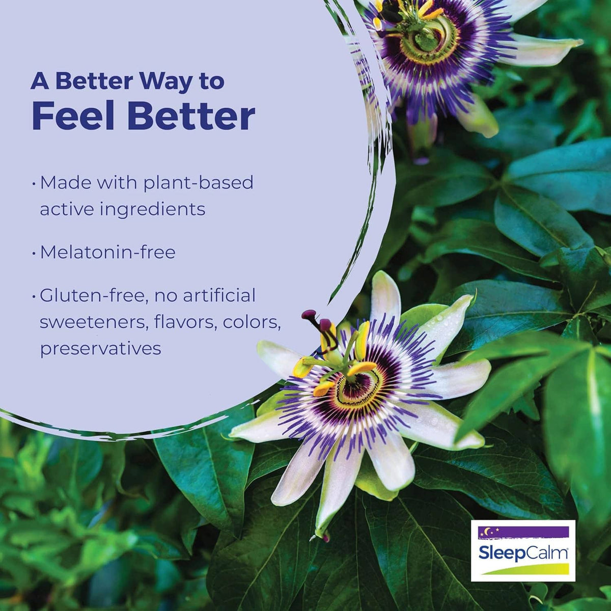 Melatonin-free sleep relief tablets box next to passionflower and green leaves