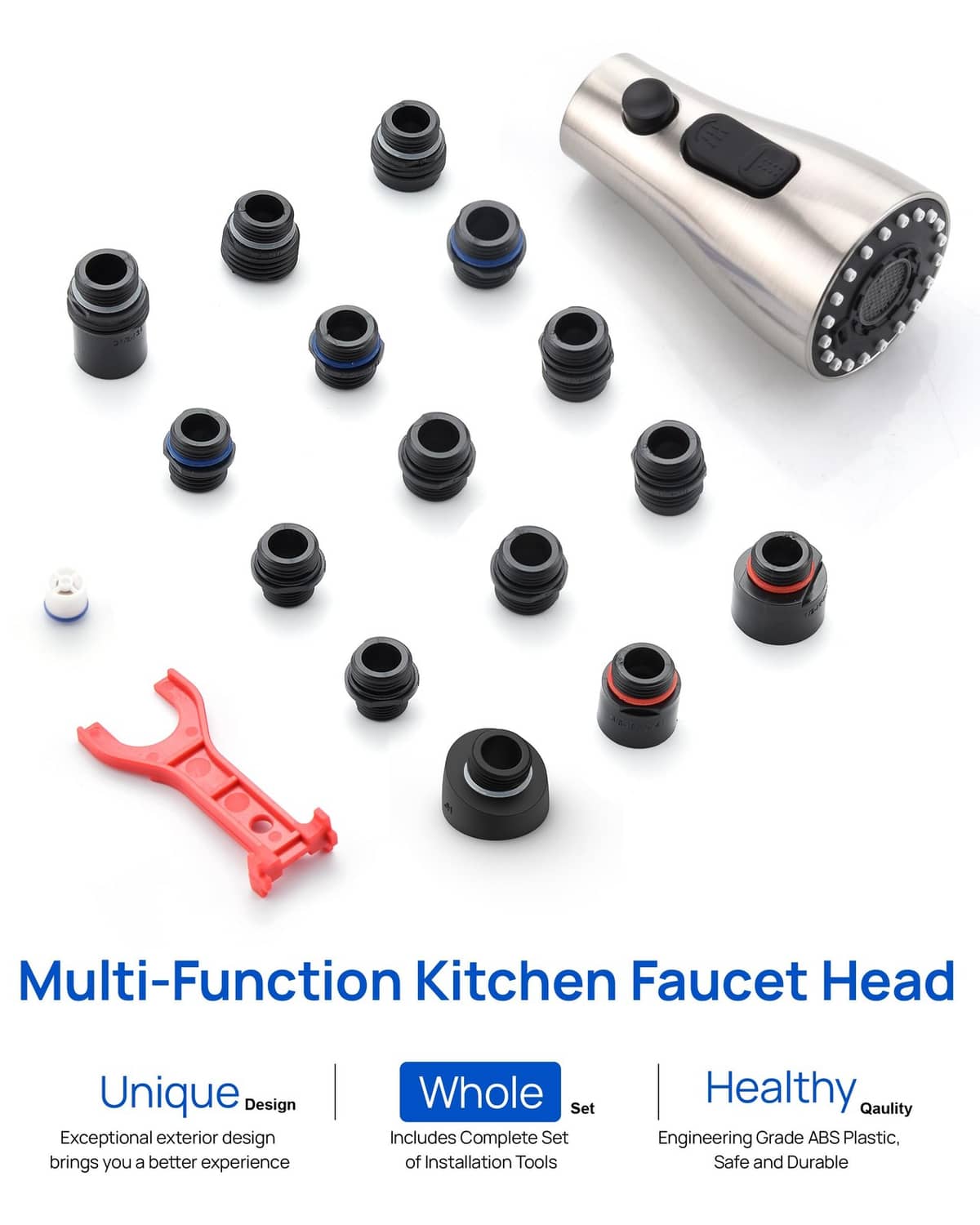 Kitchen faucet sprayer head with assorted adapter fittings in black and blue