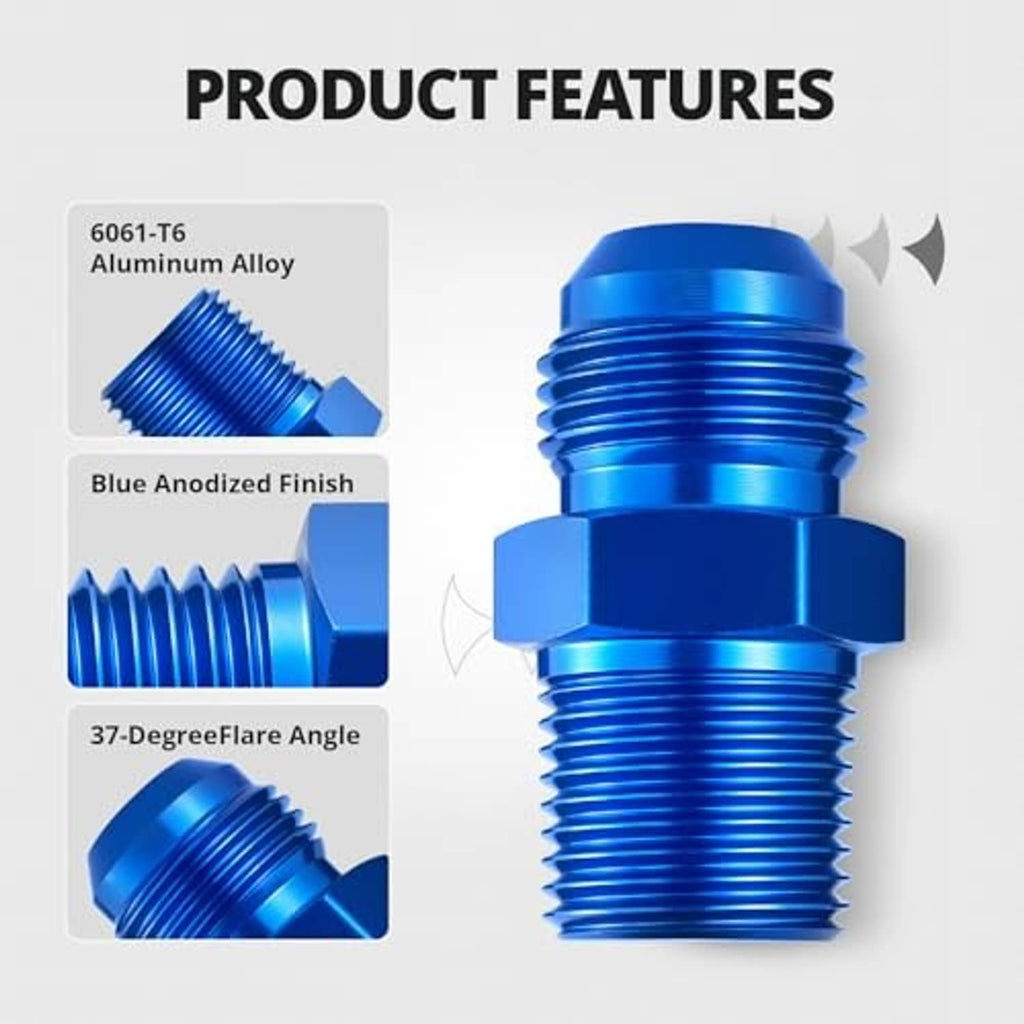 Blue anodized 37-degree flare adapter fitting with hex collar and threaded ends