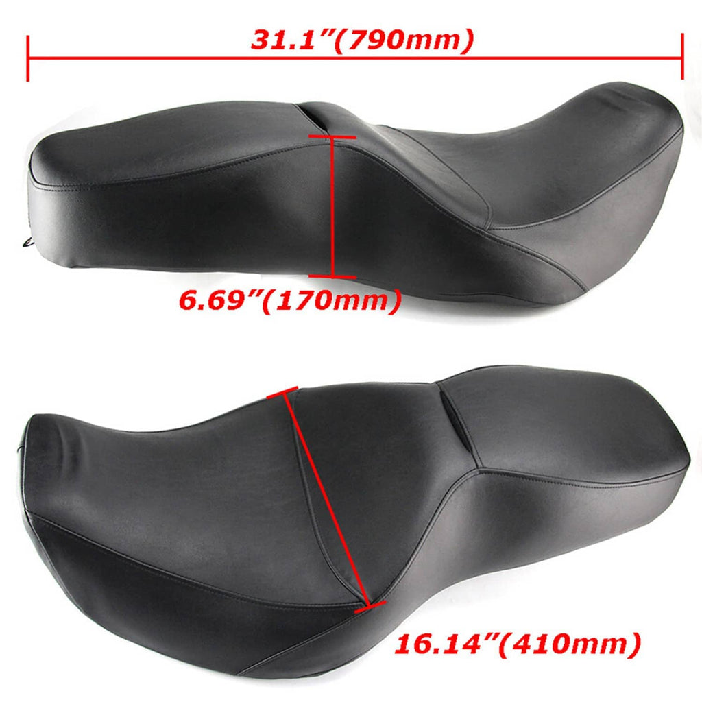 Black contoured motorcycle seat with stitched channels and horn-shaped rear mounting tab