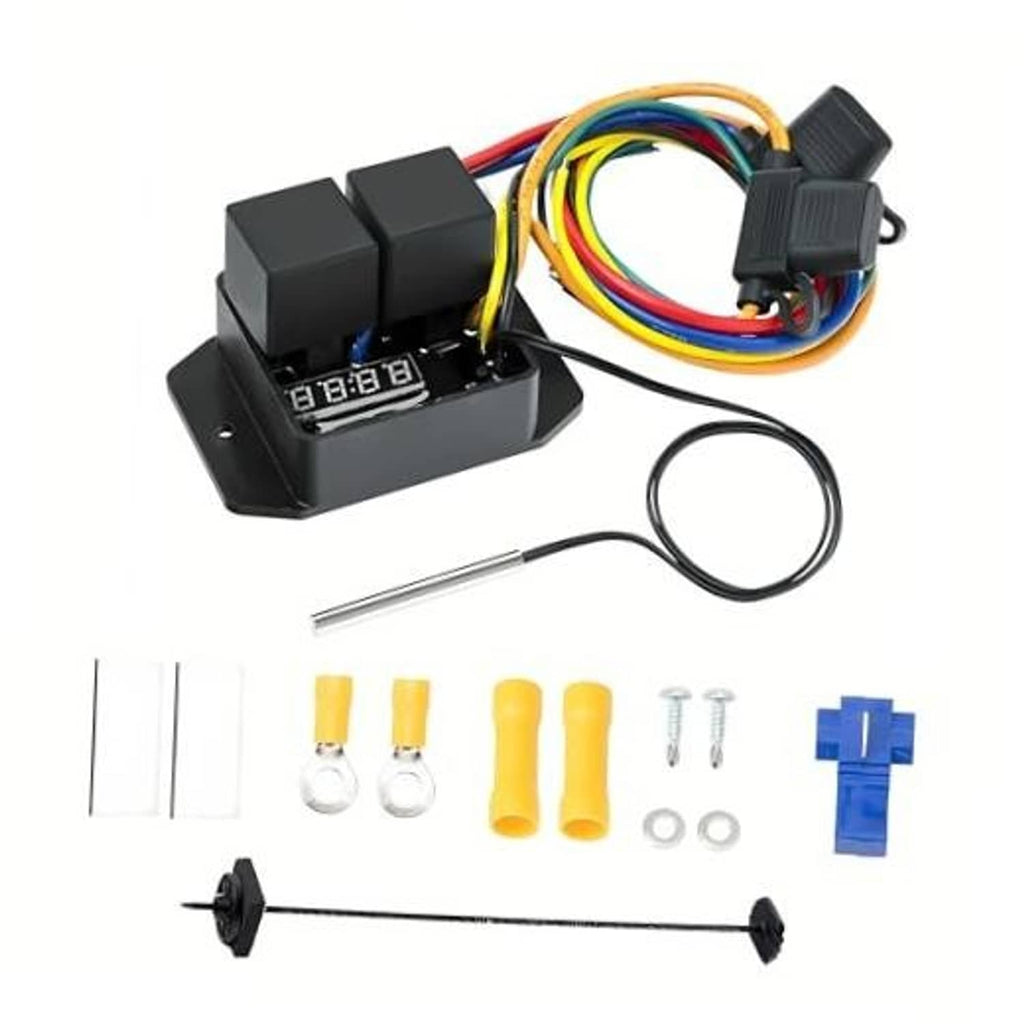 Digital thermatic fan switch kit with black control box, wiring harness, and temperature probe