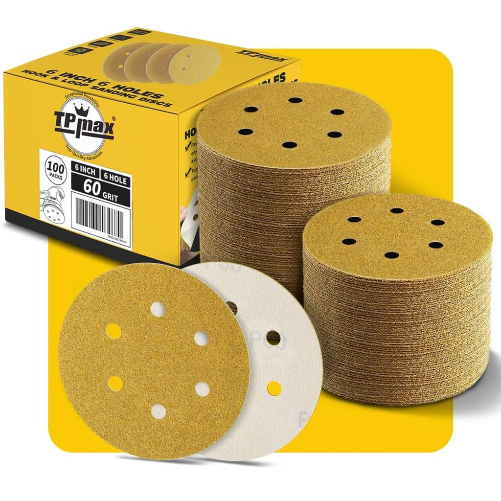 Gold 6-inch 60-grit sanding discs with 6-hole pattern, stacked and loose pieces