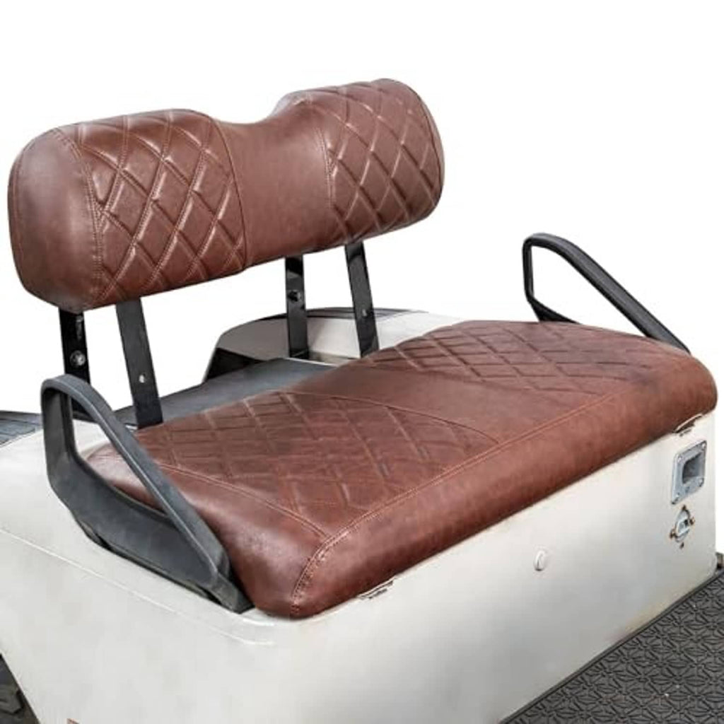 Brown diamond-quilted front and backrest seat covers on black mounting frame