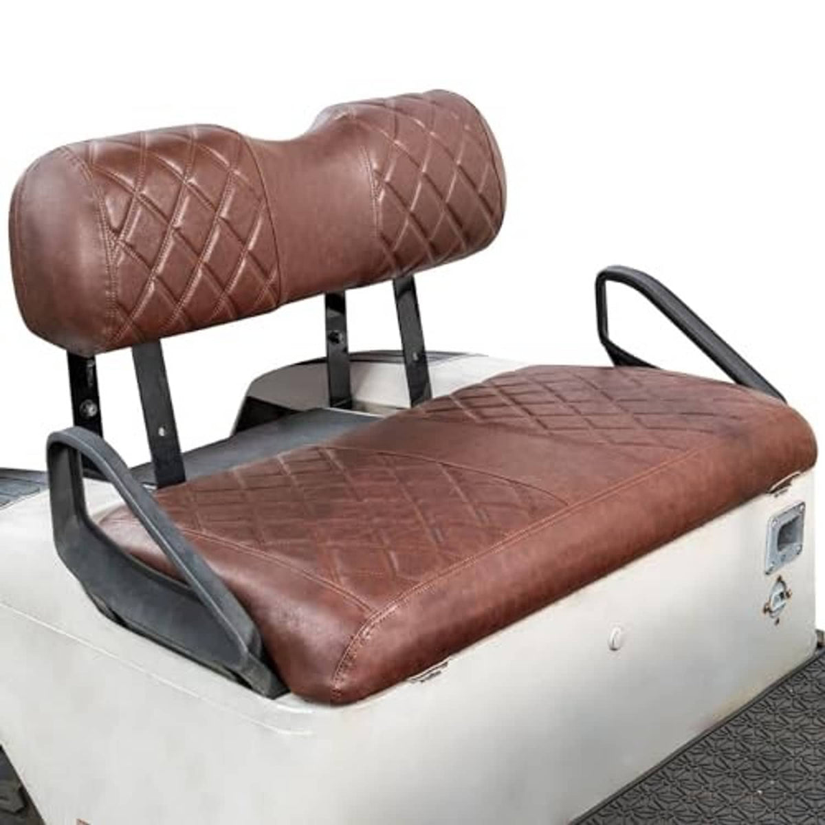 Brown diamond-quilted front and backrest seat covers on black mounting frame