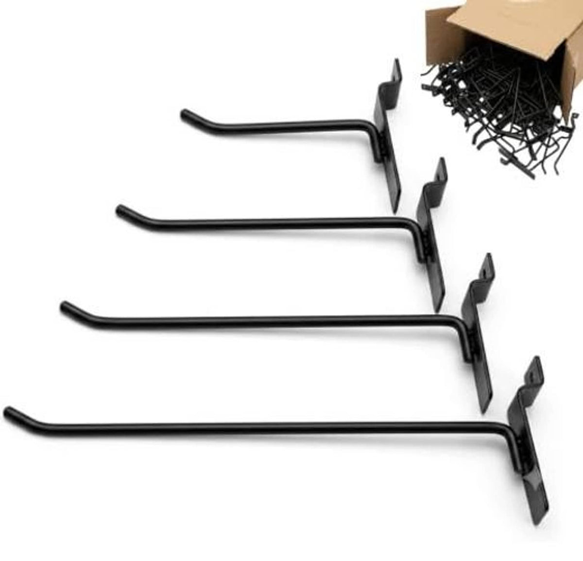 Black slatwall hook bars with flat mounting tabs, multiple hooks shown together