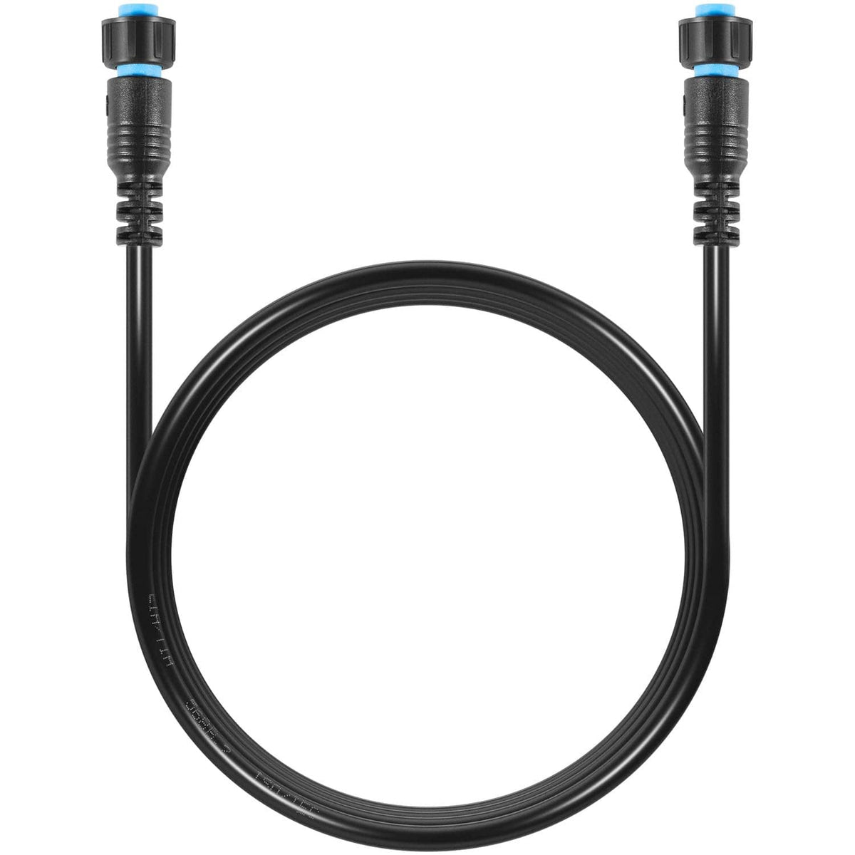 Looped black marine network cable with blue connector plugs on both ends
