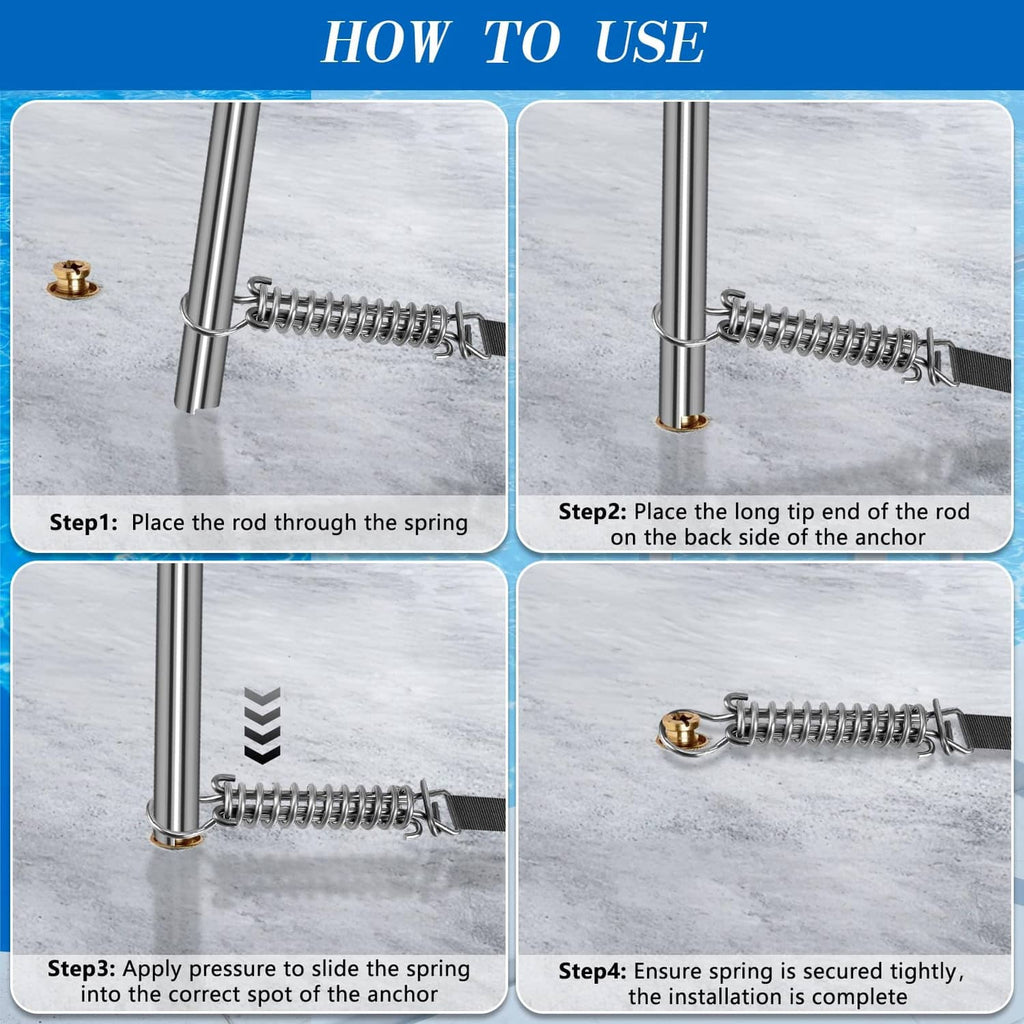 Spring-loaded pool cover tool with gold anchor fitting on silver rod