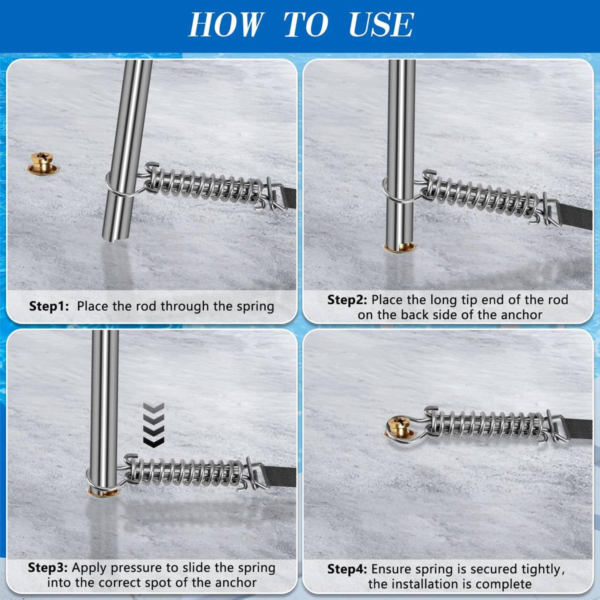 Spring-loaded pool cover tool with gold anchor fitting on silver rod
