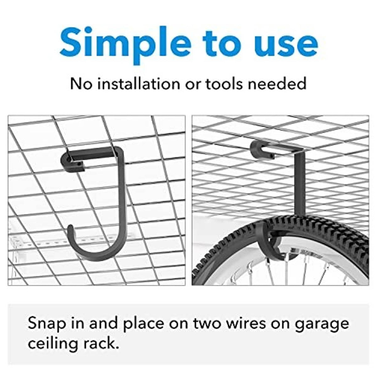 Black bike hook snapped onto a ceiling rack wire with curved U shape