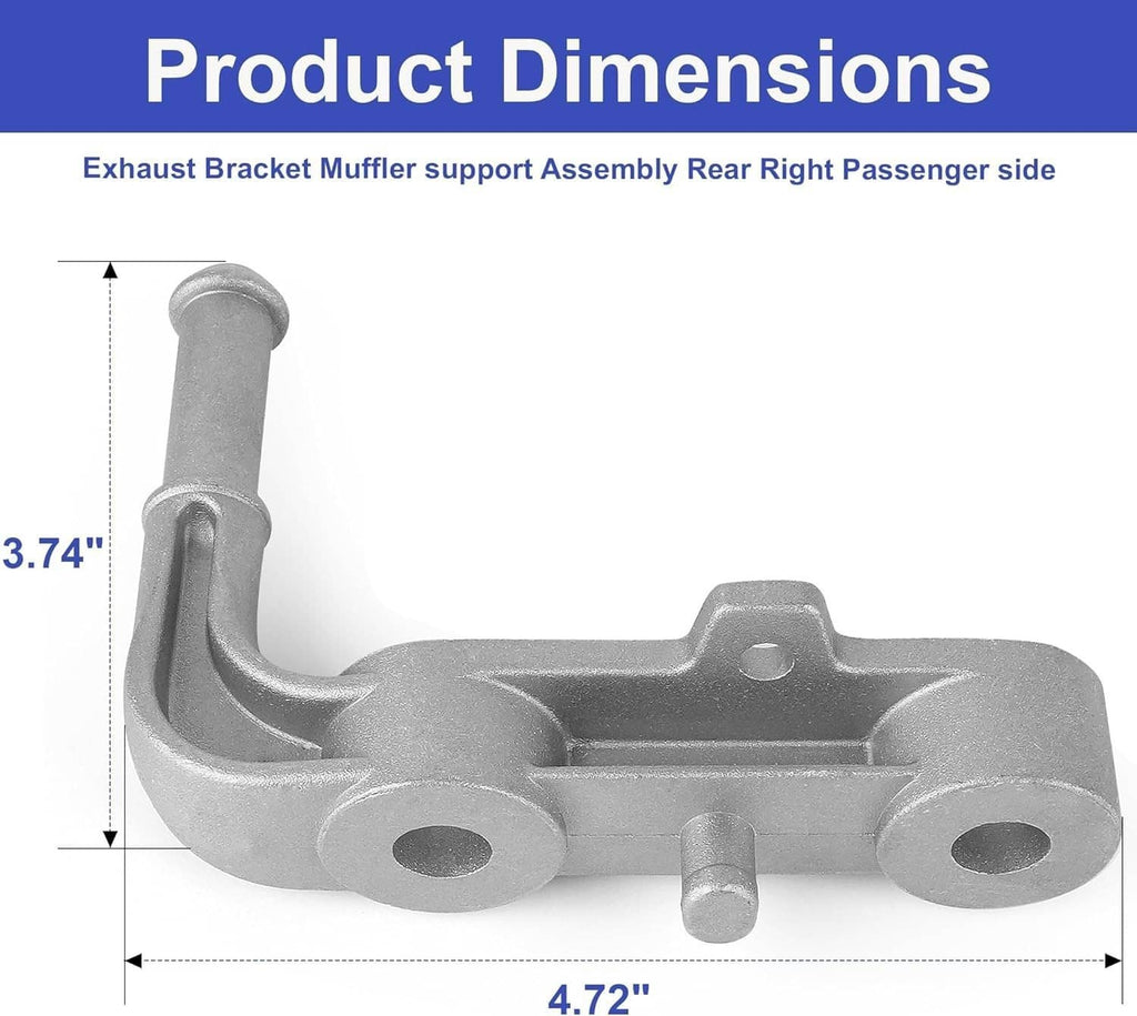 Exhaust bracket dimensions view, silver metal rear right passenger support