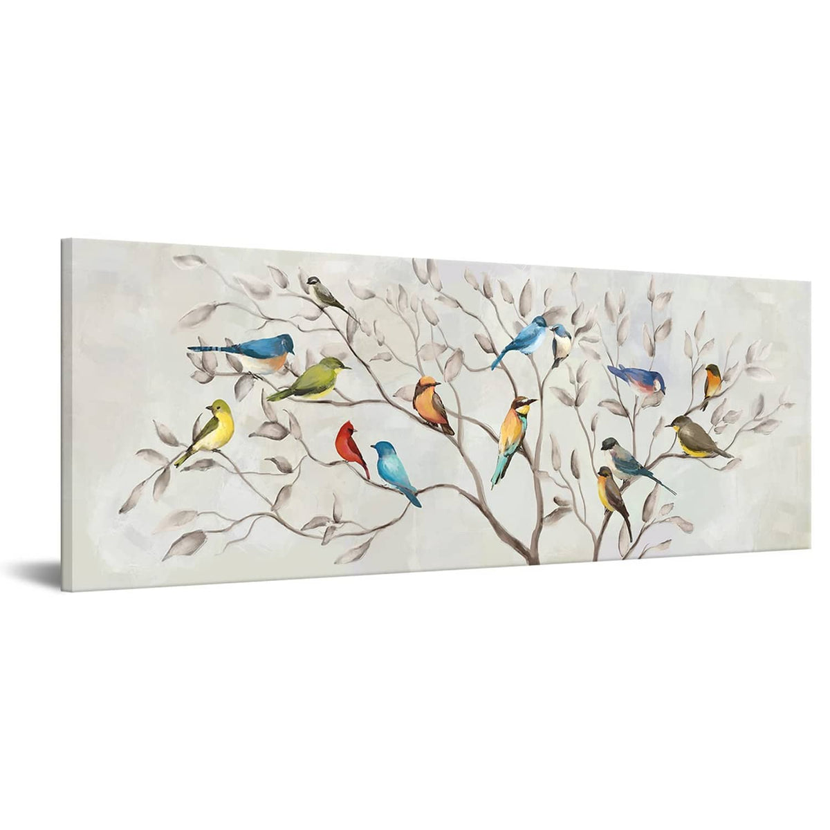 Spring birds on tree branch canvas wall art, colorful birds on light background