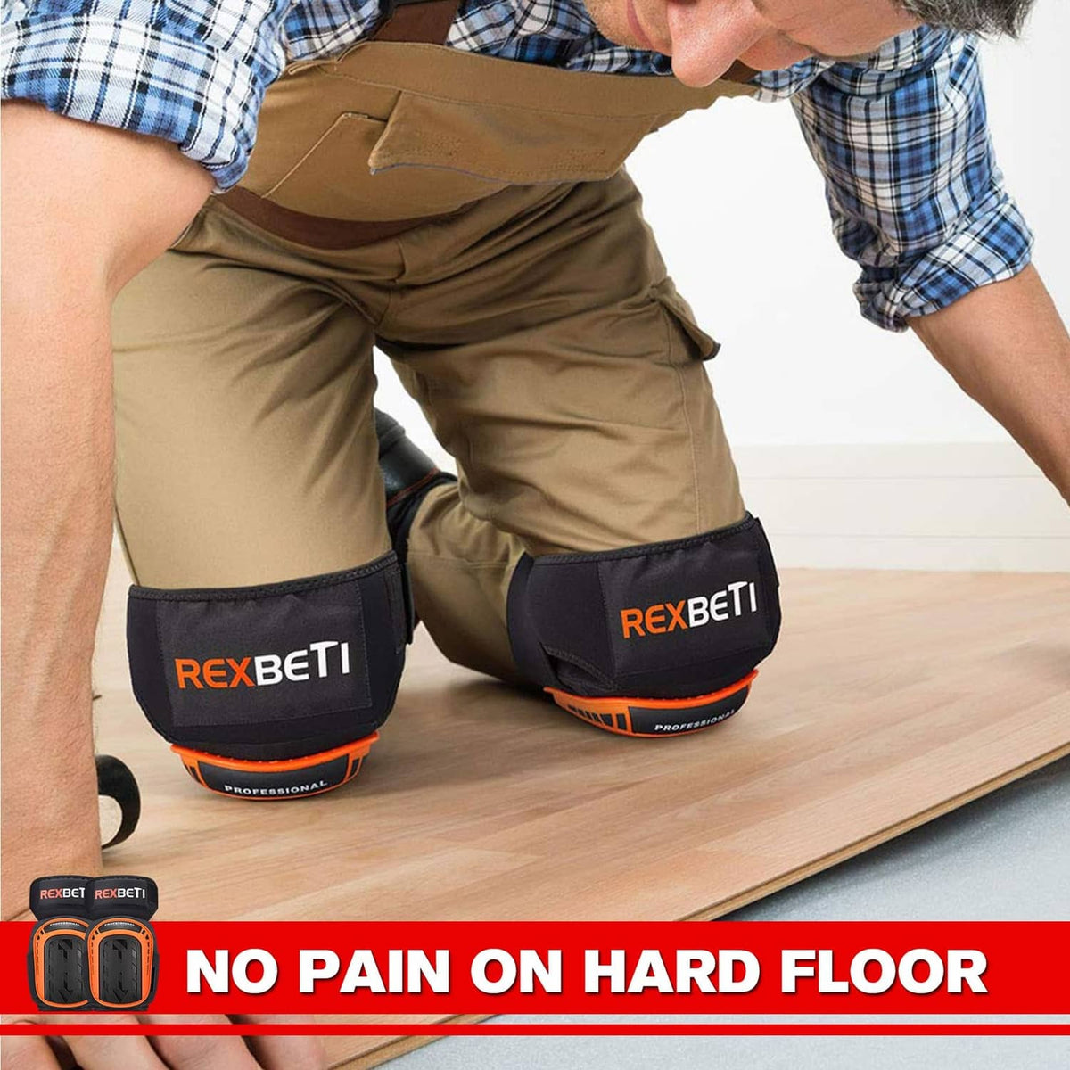 Black and orange knee pads worn on hard floor with secure adjustable straps