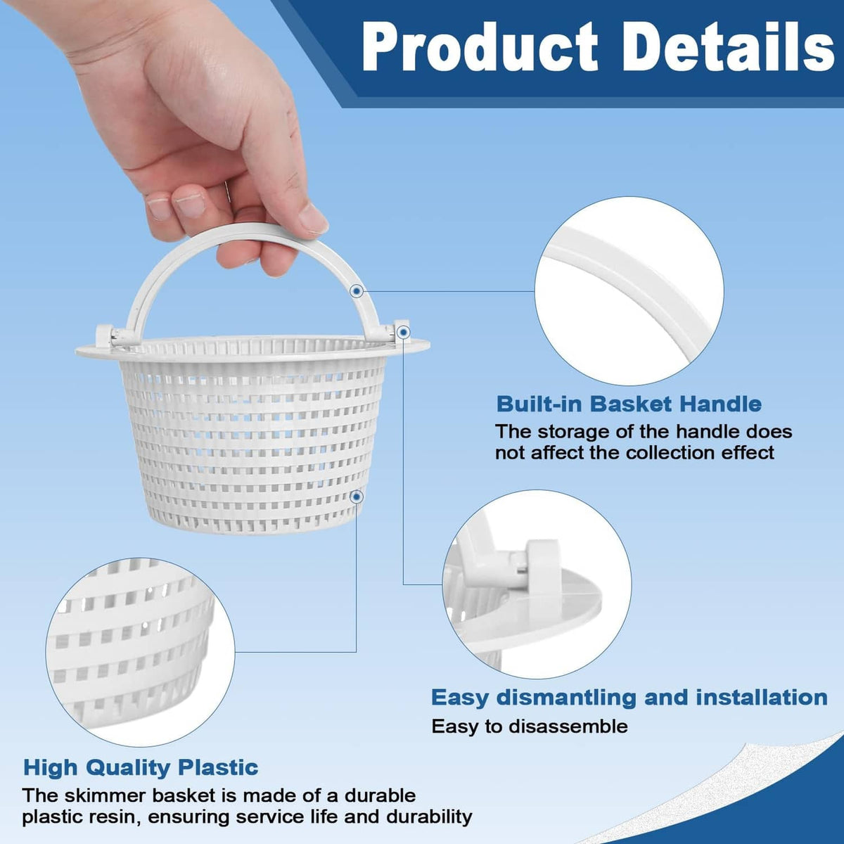 White skimmer basket with built-in basket handle; mesh insert shows side detail