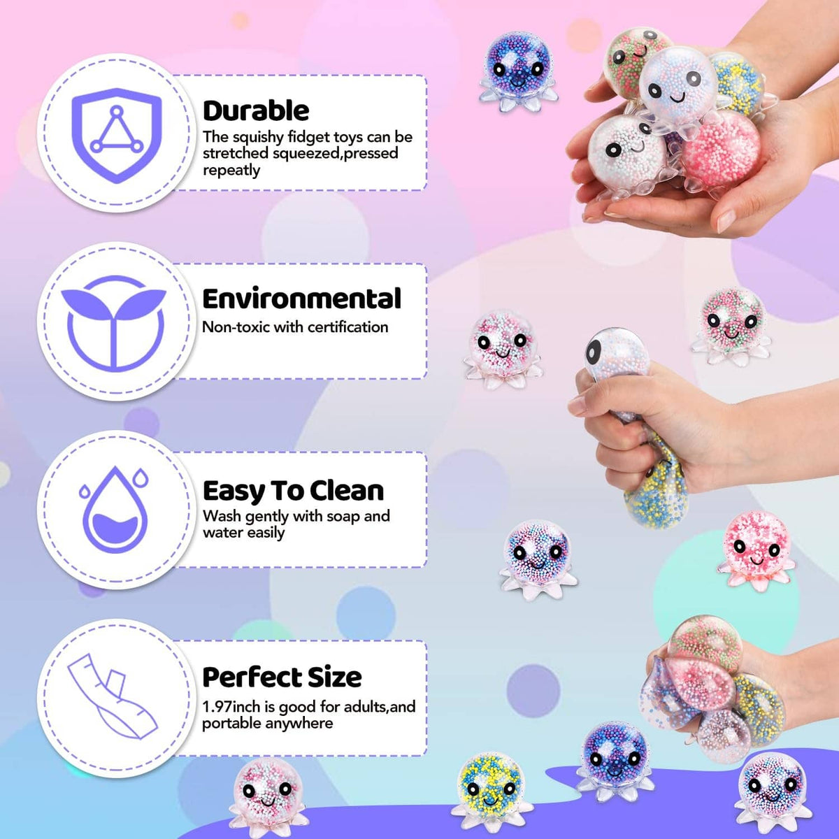 Octopus stress ball set, shown in hand with squishy speckled balls