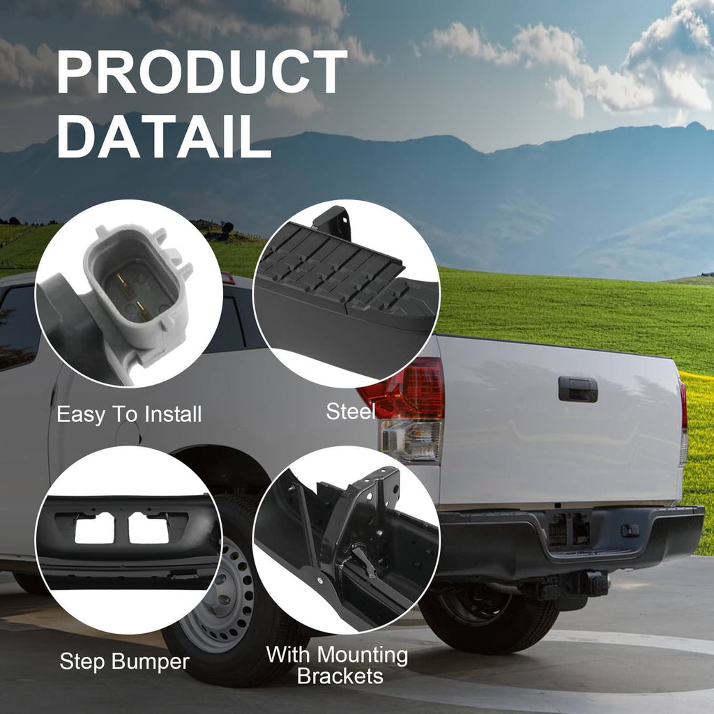 Black steel rear step bumper with textured tread and mounting brackets