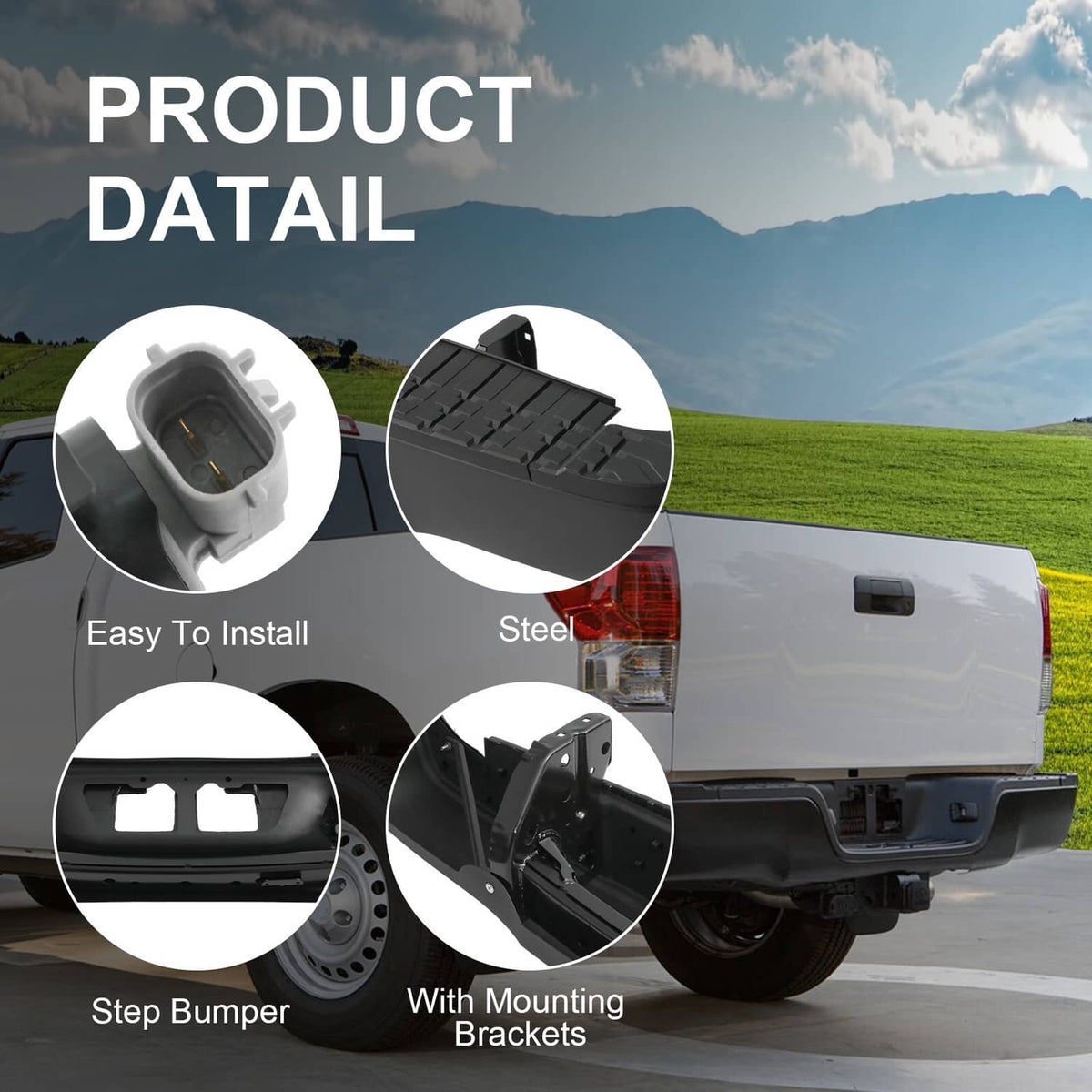 Black steel rear step bumper with textured tread and mounting brackets