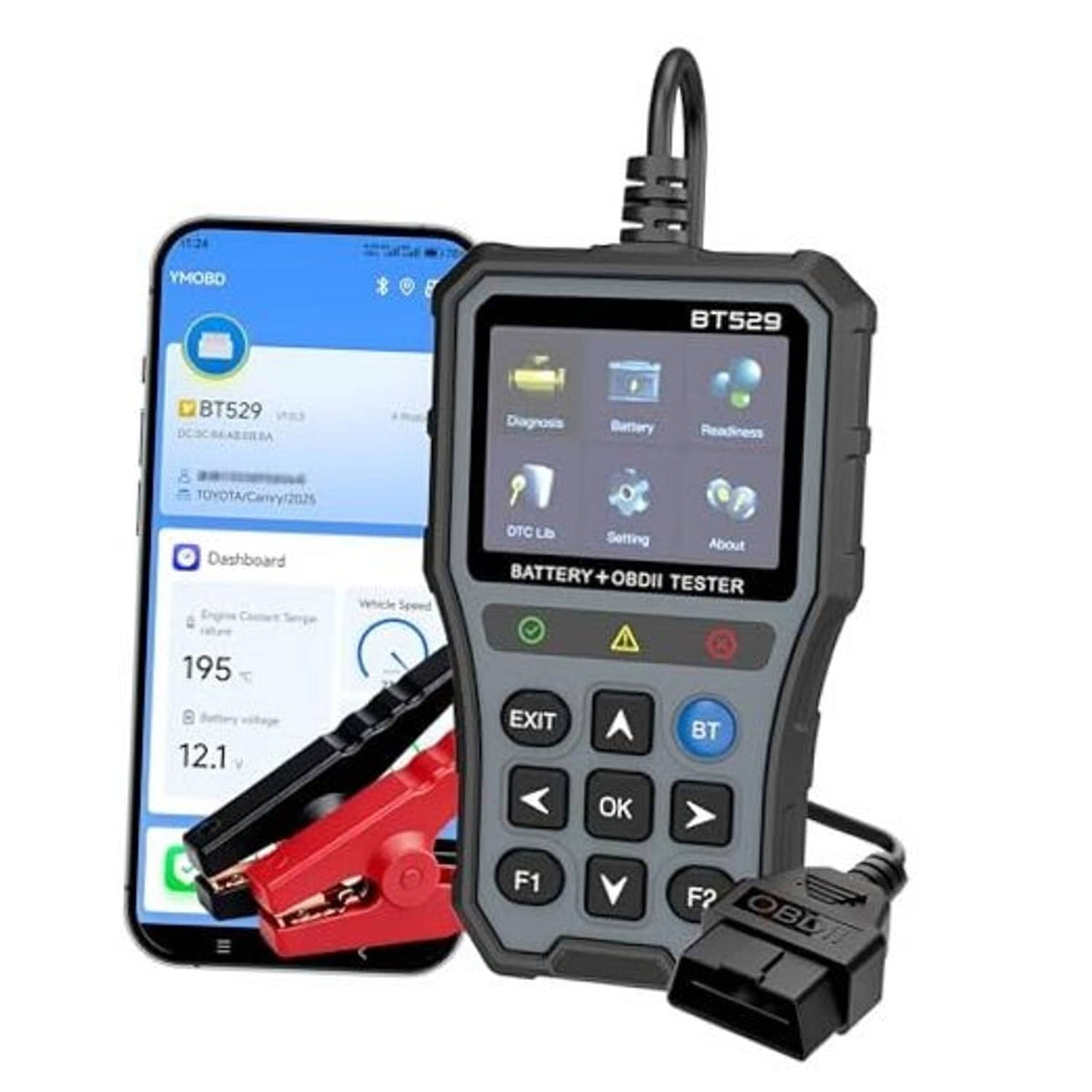 OBD2 scanner kit with battery clamps, OBD plug, LCD screen, and smartphone display