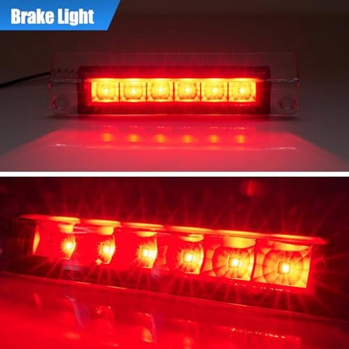 Third brake light with clear lens emitting bright red brake light glow