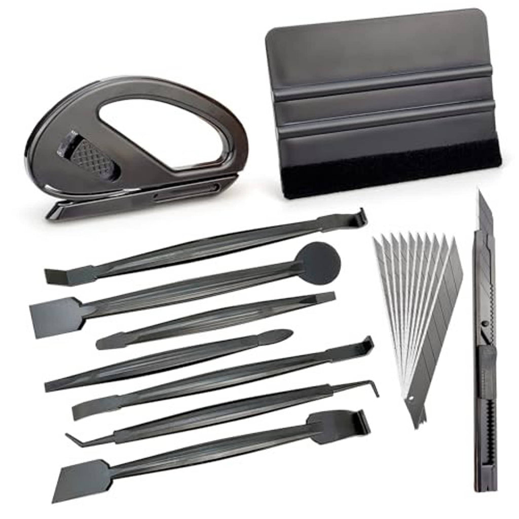 Car window tint wrapping tool kit with multiple edge squeegee tools and trimming razor cutter