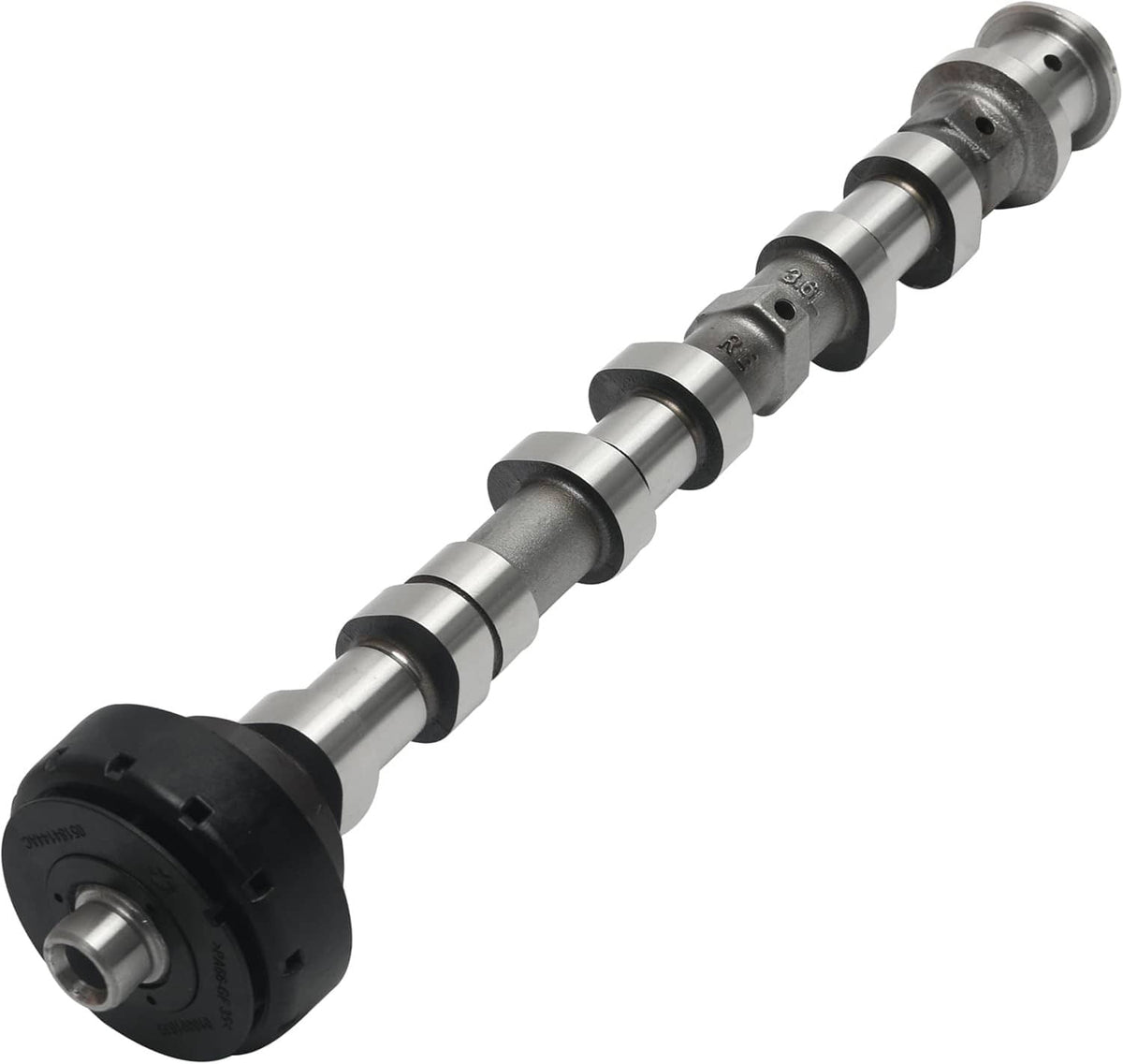 Right side exhaust camshaft with black end housing and silver lobes