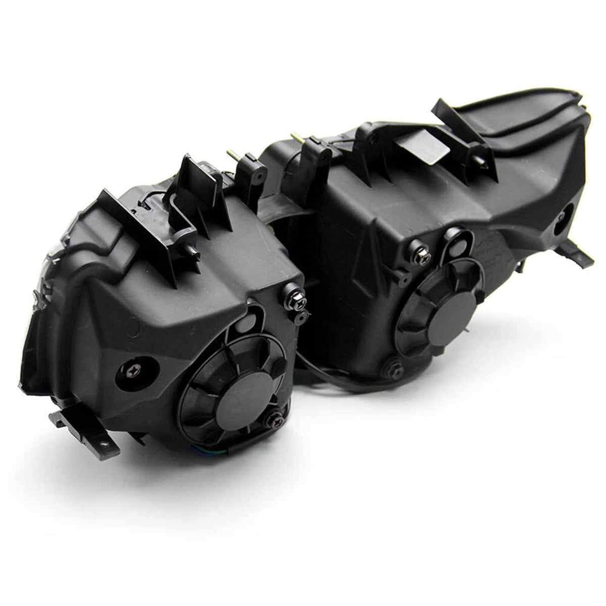 Motorcycle headlight assembly rear view with black mounting details and wiring ports