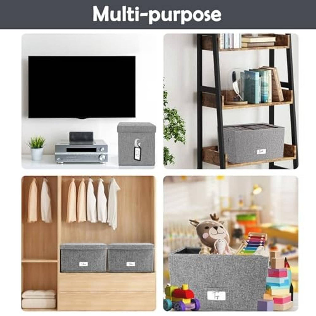 Grey fabric storage organizer box with label tab, used for vinyl records and more