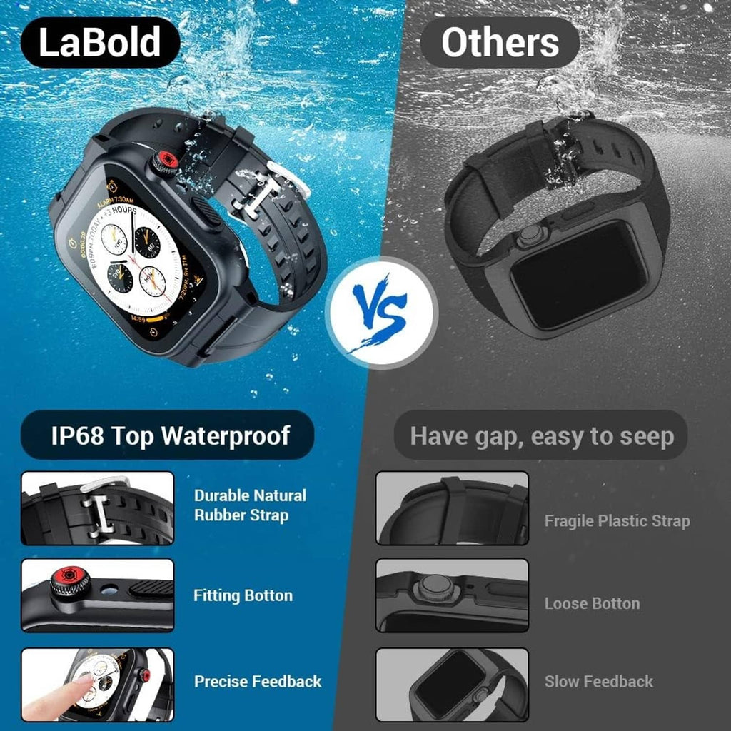 Black waterproof smartwatch case with textured rubber strap and secure fastening button