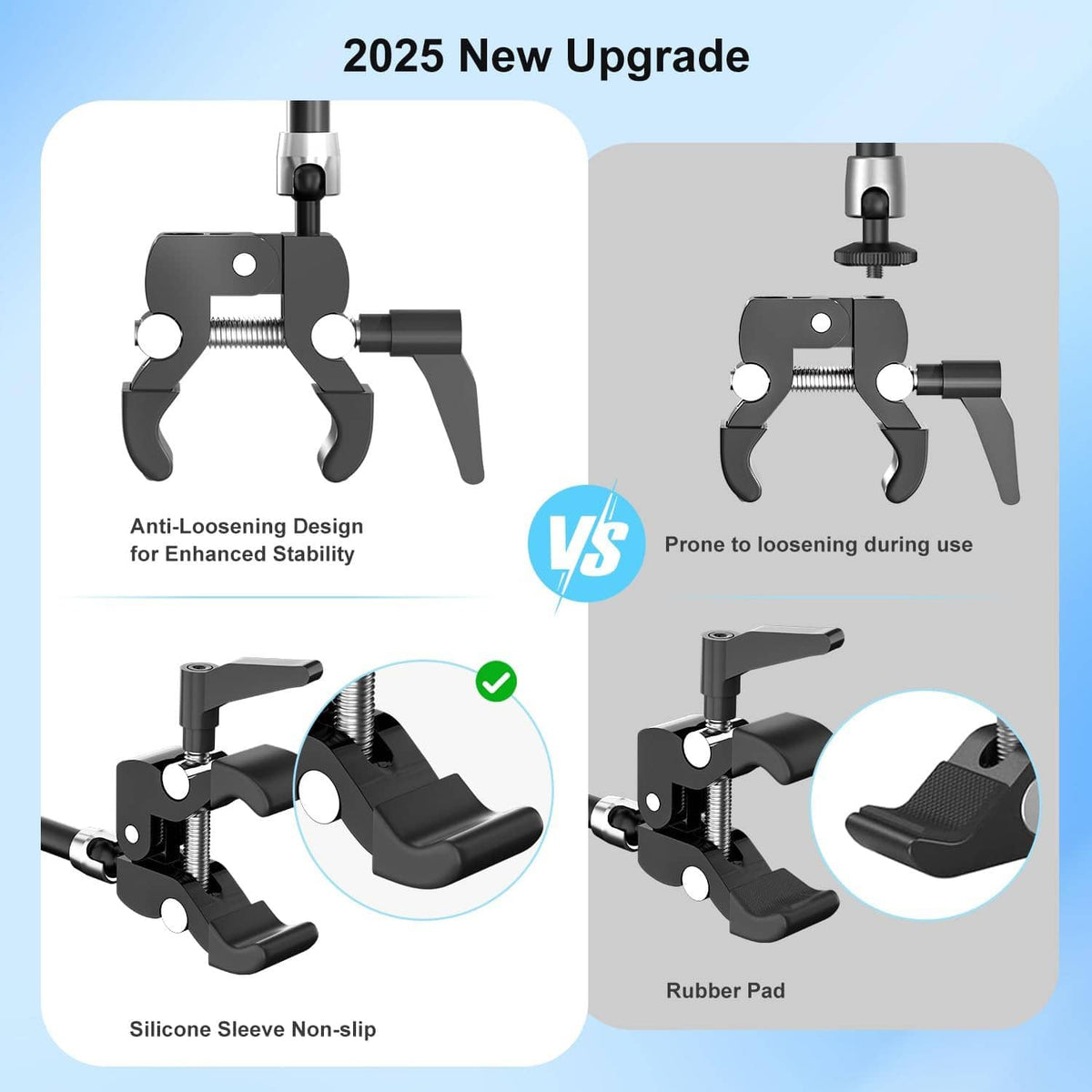 Black super clamp mount with articulated arms, anti-loosening design and rubber pads