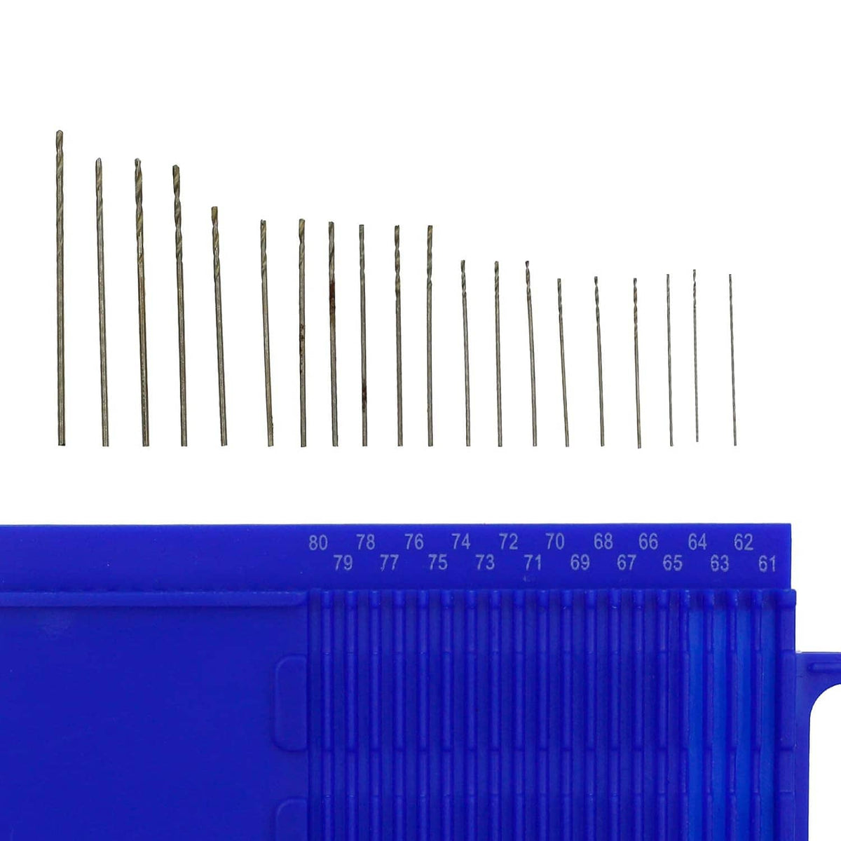 Assorted metal mini twist drill bits arranged in a blue numbered rack