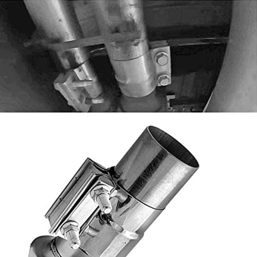Lap-joint stainless exhaust band clamp securing pipe connection with hex bolt hardware