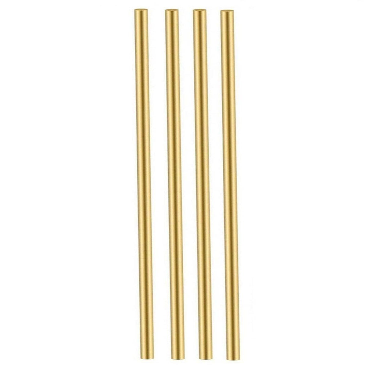 Four brass round rods, smooth straight gold bars with uniform 5mm thickness.