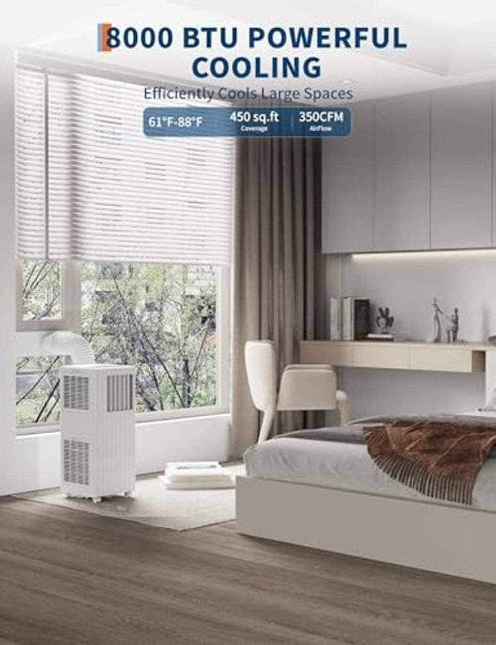 White portable air conditioner near window with exhaust hose connected in bedroom