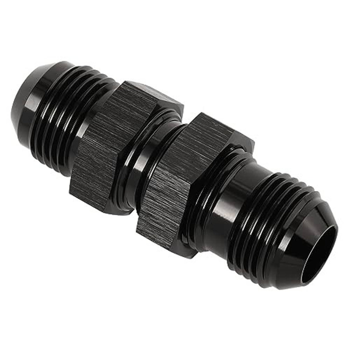 10AN straight adapter with hex nut, black anodized aluminum, two-piece view