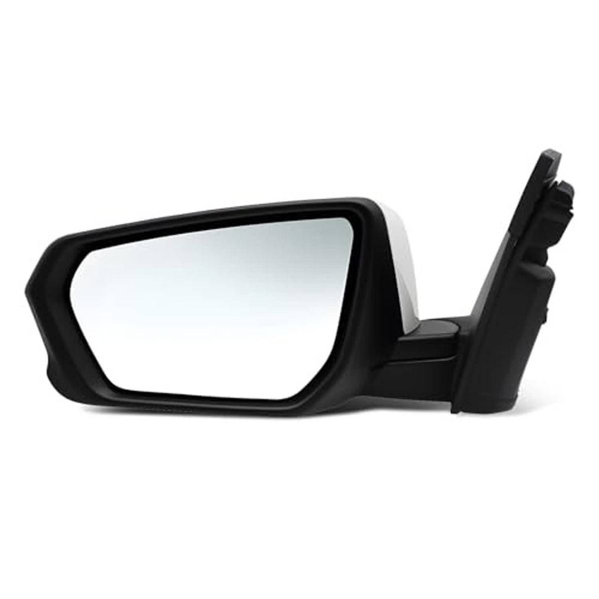 Left driver side mirror side view with black housing and reflective glass