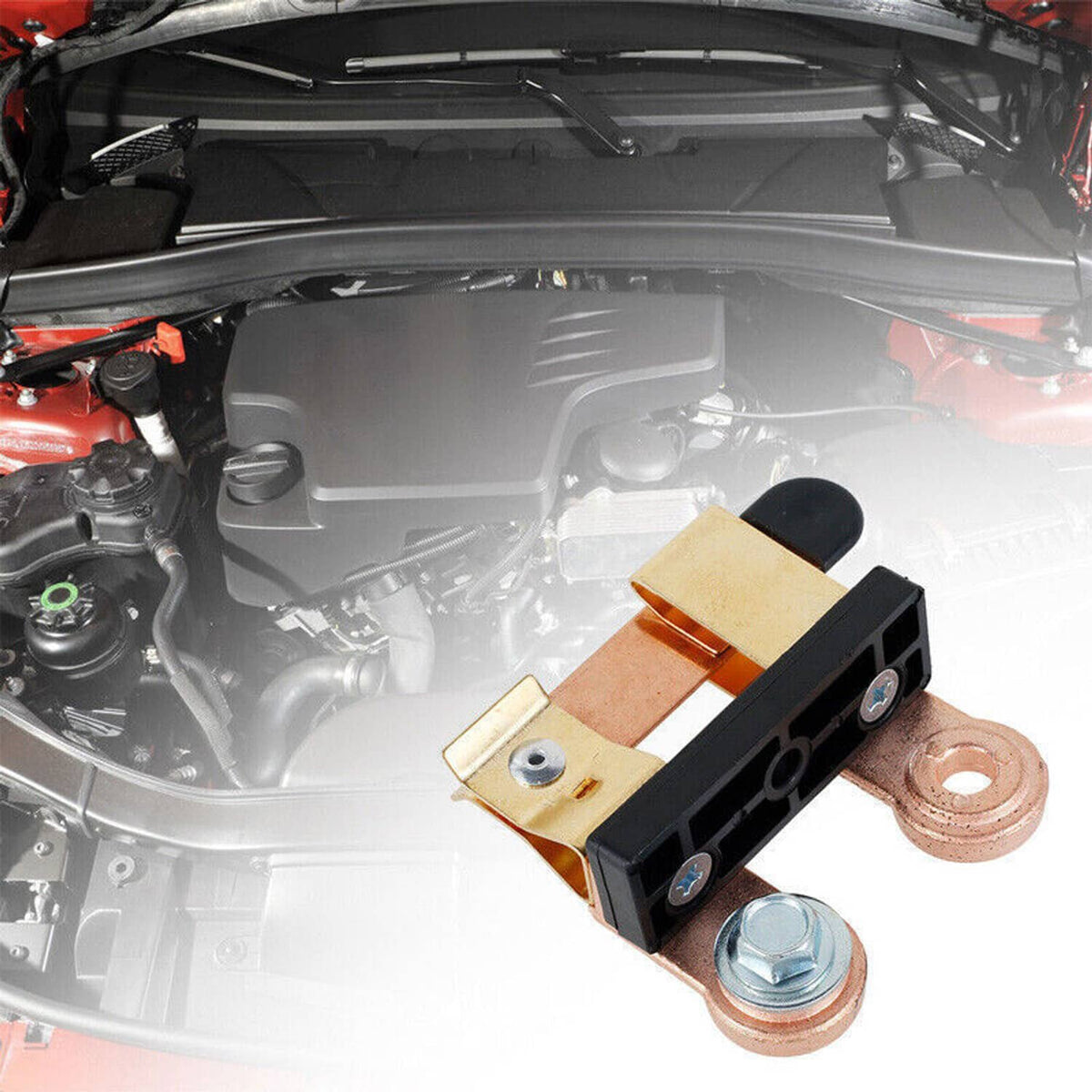 Battery knife disconnect switch installed near car engine bay terminals