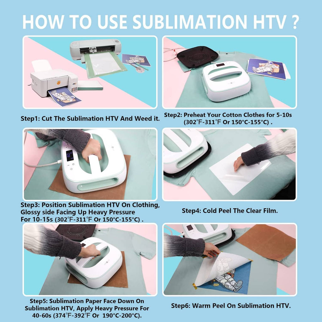Sublimation HTV usage steps: cutting, preheating fabric, peel, and warm pressing