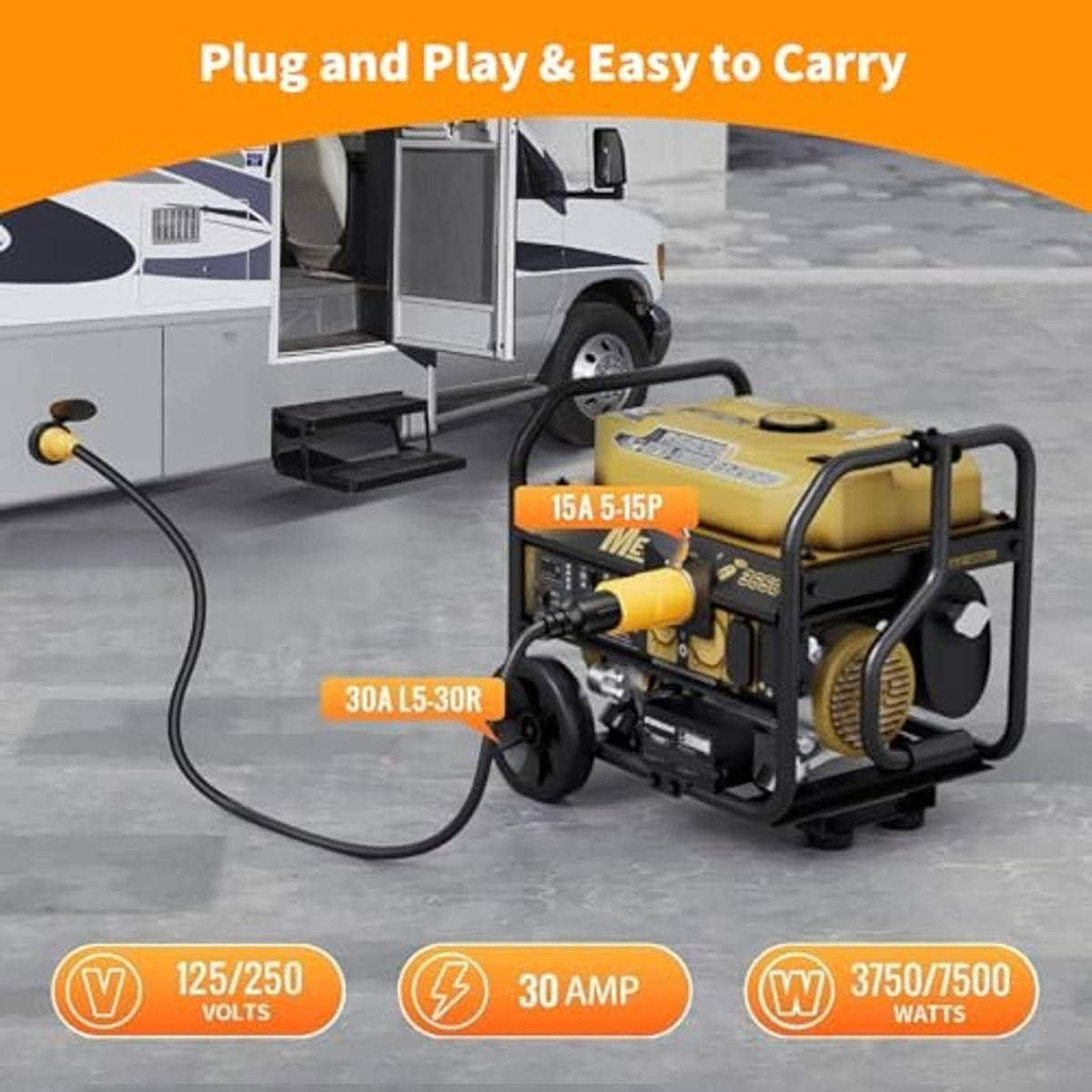 Yellow twist-lock adapter plug on portable generator outlet with cable connection