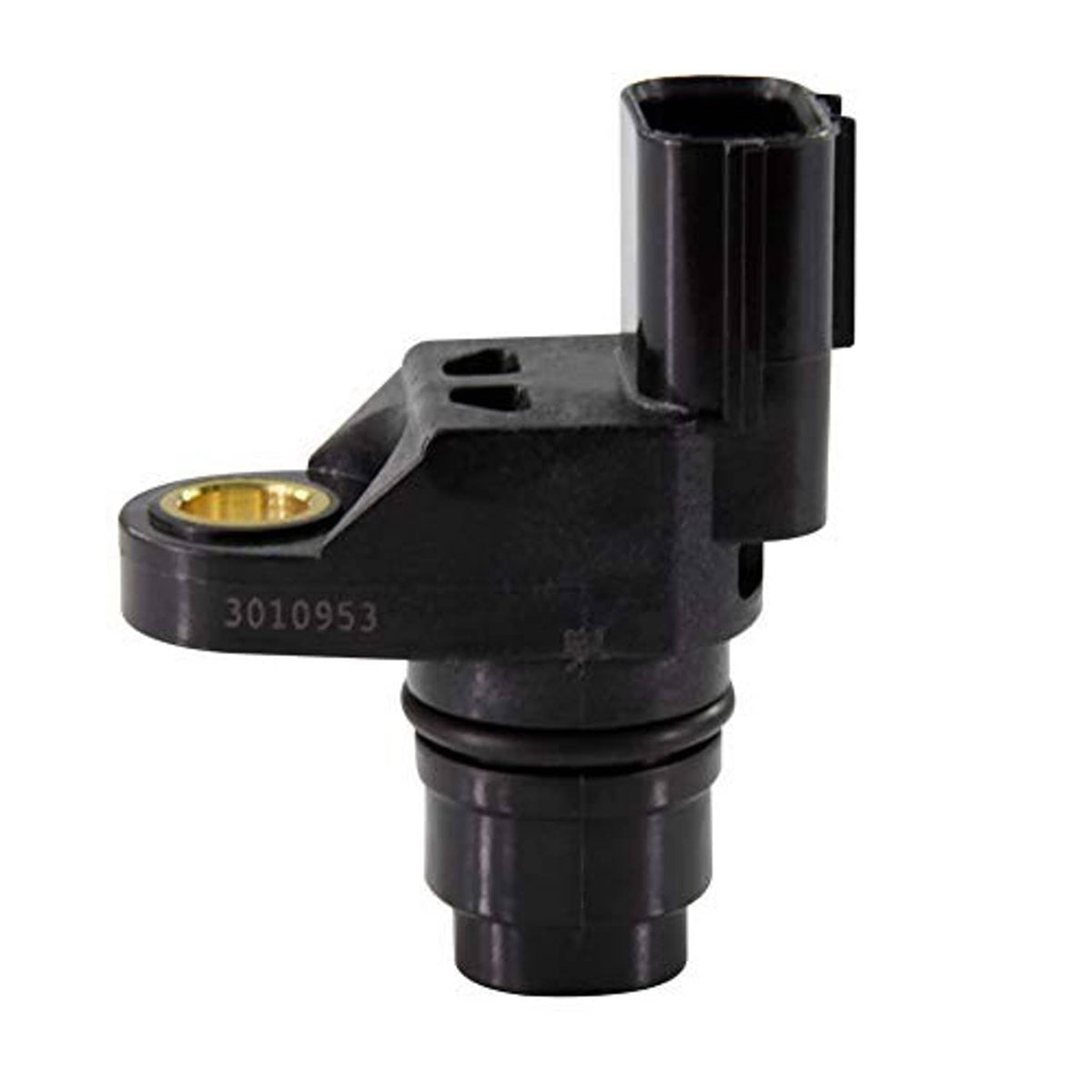 Camshaft position sensor with black housing, gold-ring contact, and mounting bracket