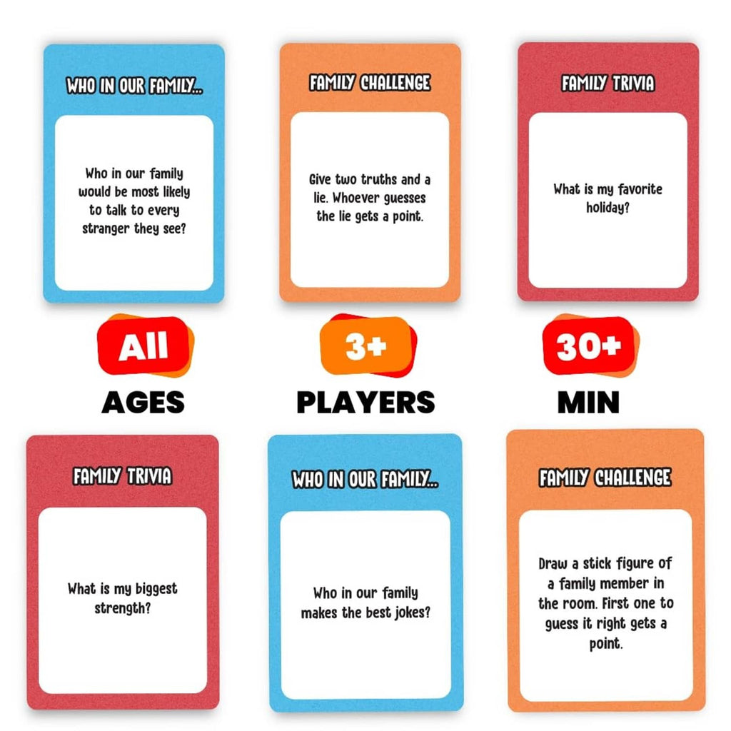 Colorful family game card variety with sections showing all ages and player limits