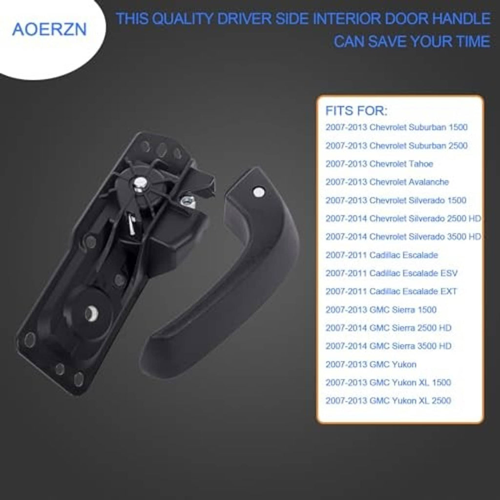 Black driver-side inside door handle with mounting plate and metal latch hardware
