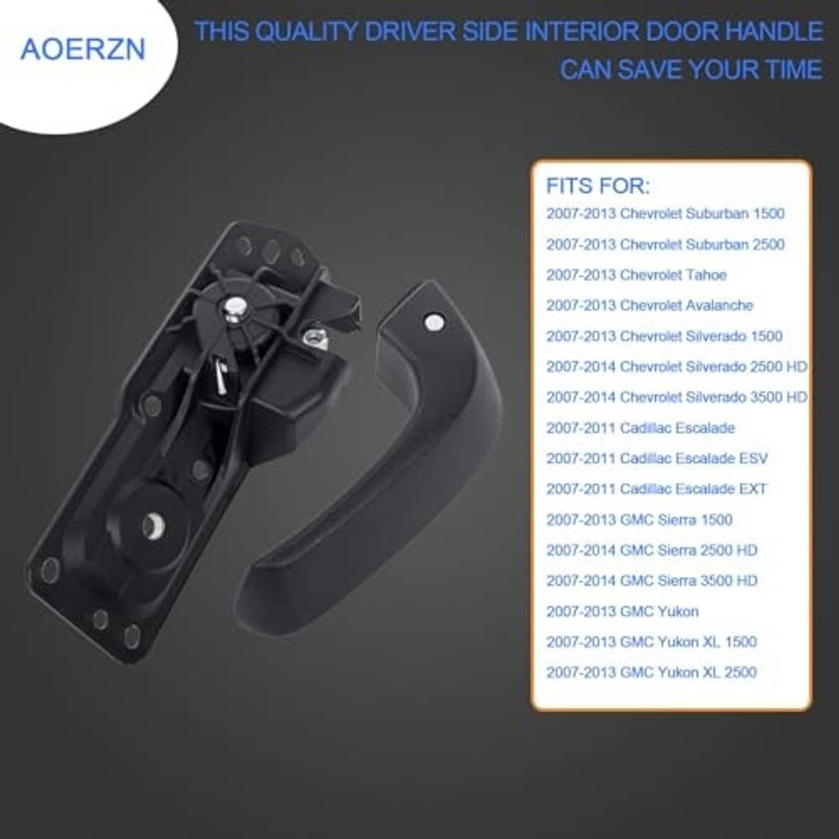 Black driver-side inside door handle with mounting plate and metal latch hardware
